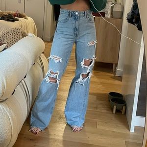 High Waisted Distressed Wide Leg Jeans